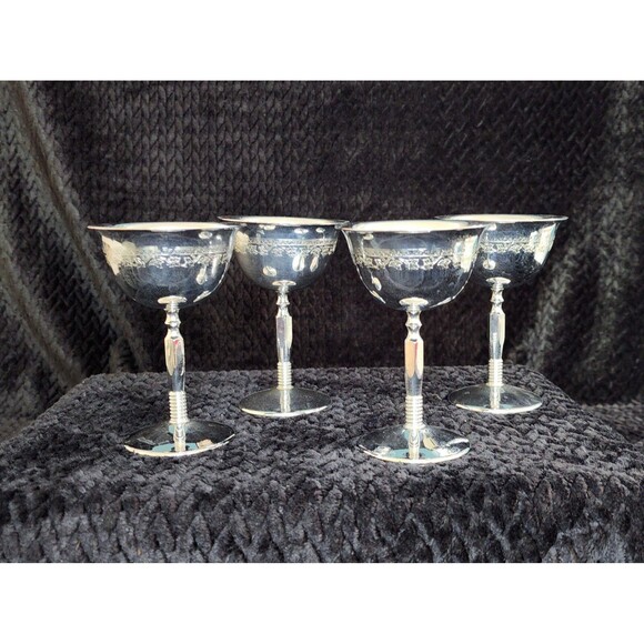 Set of 4 Vintage Etched Chrome Cocktail Glasses – Art Deco Barware - Picture 2 of 10